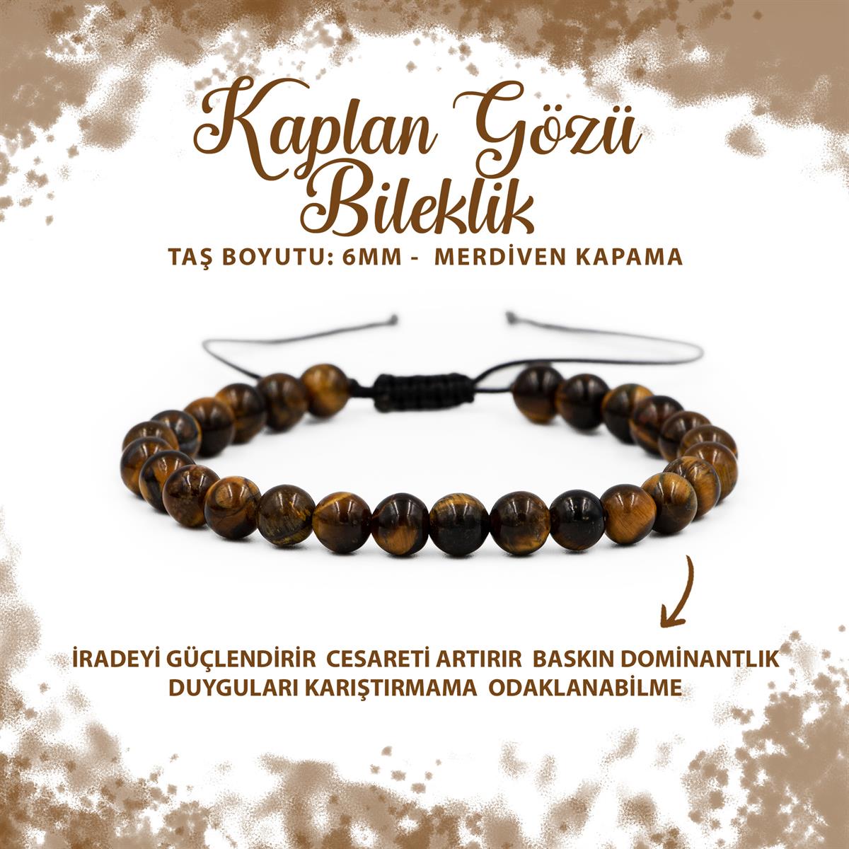 SERTİFİKALI Kaplan Gözü 6mm Merdiven Kapama Doğal Taş Bileklik