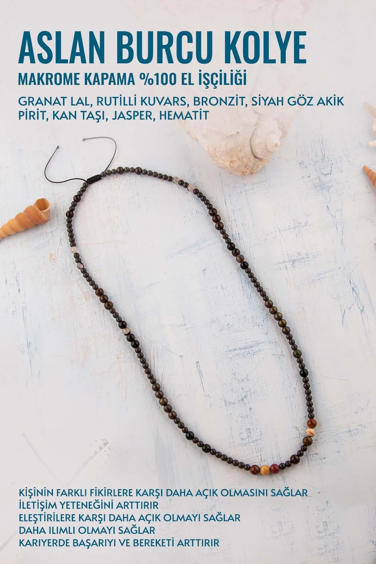 Sertifikalı Aslan Burcu Doğal Taş Kolye (Granat-Kuvars-Bronzit-Akik-Pirit-Kan Taşı-Jasper-Hematit)
