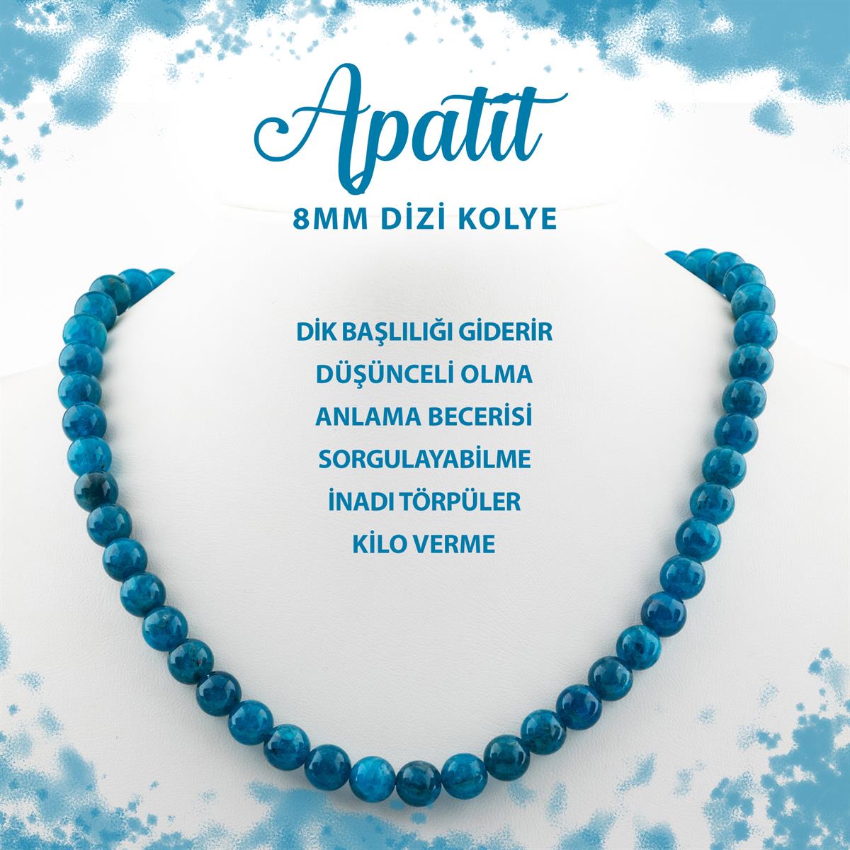 SERTİFİKALI Mavi Apatit 8 mm Dizi Doğal Taş Kolye