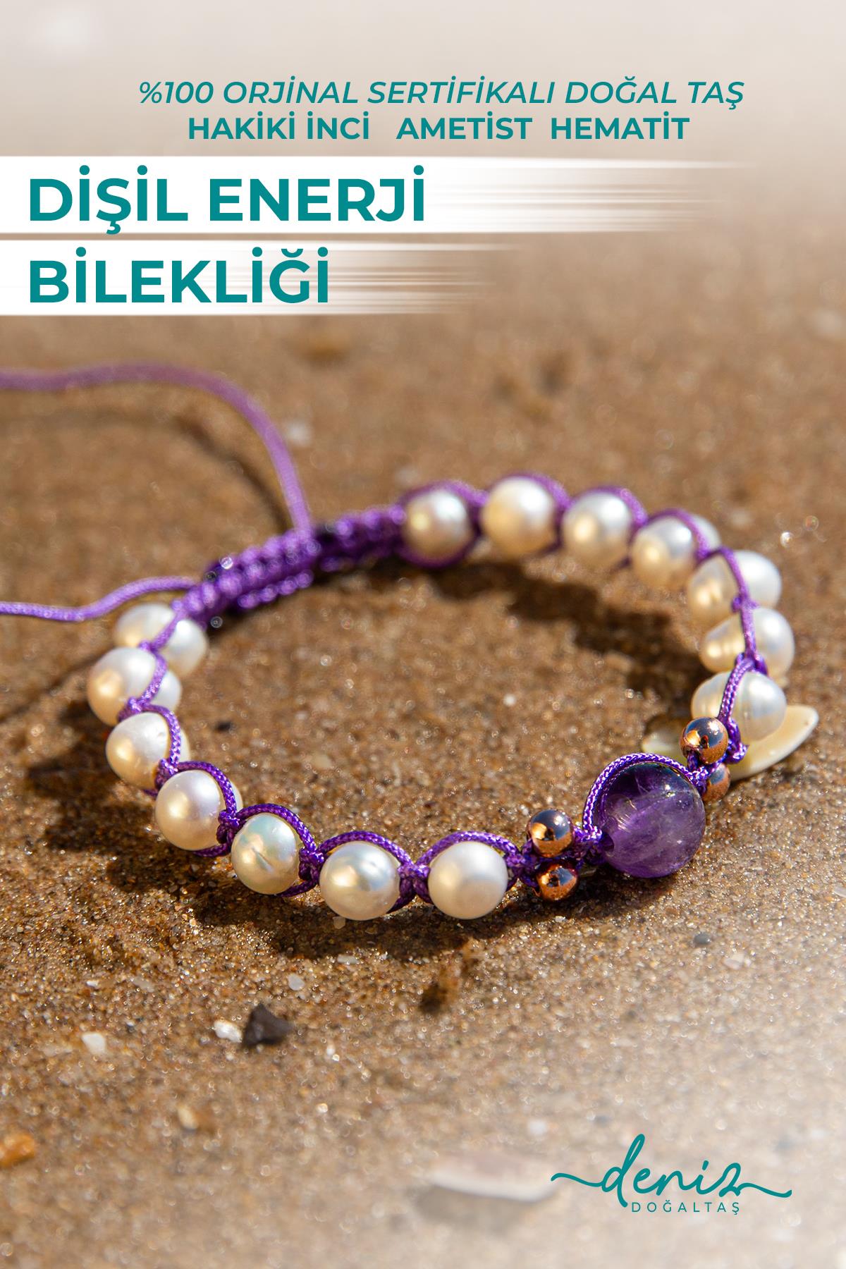 Sertifikalı Doğal Taşlı Dişil Enerji Dolu Pozitif Ruh Bilekliği, İnci, Ametist, Hematit