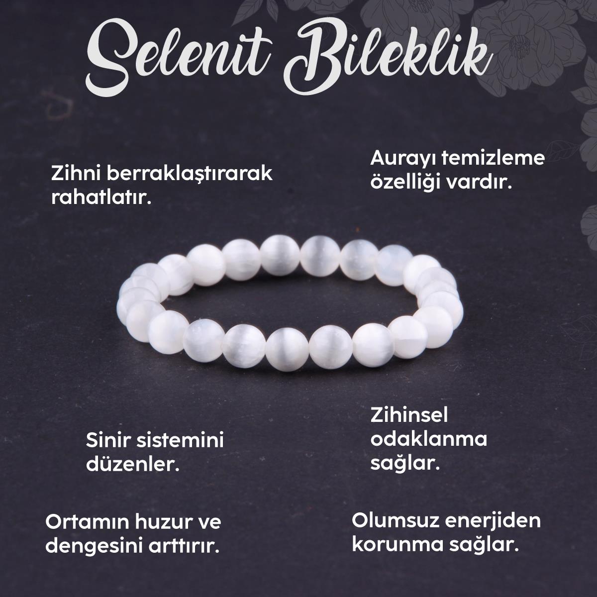 SERTİFİKALI Selenit  Orjinal ( Taşlar) Doğaltaş Bileklik 8 mm - B804