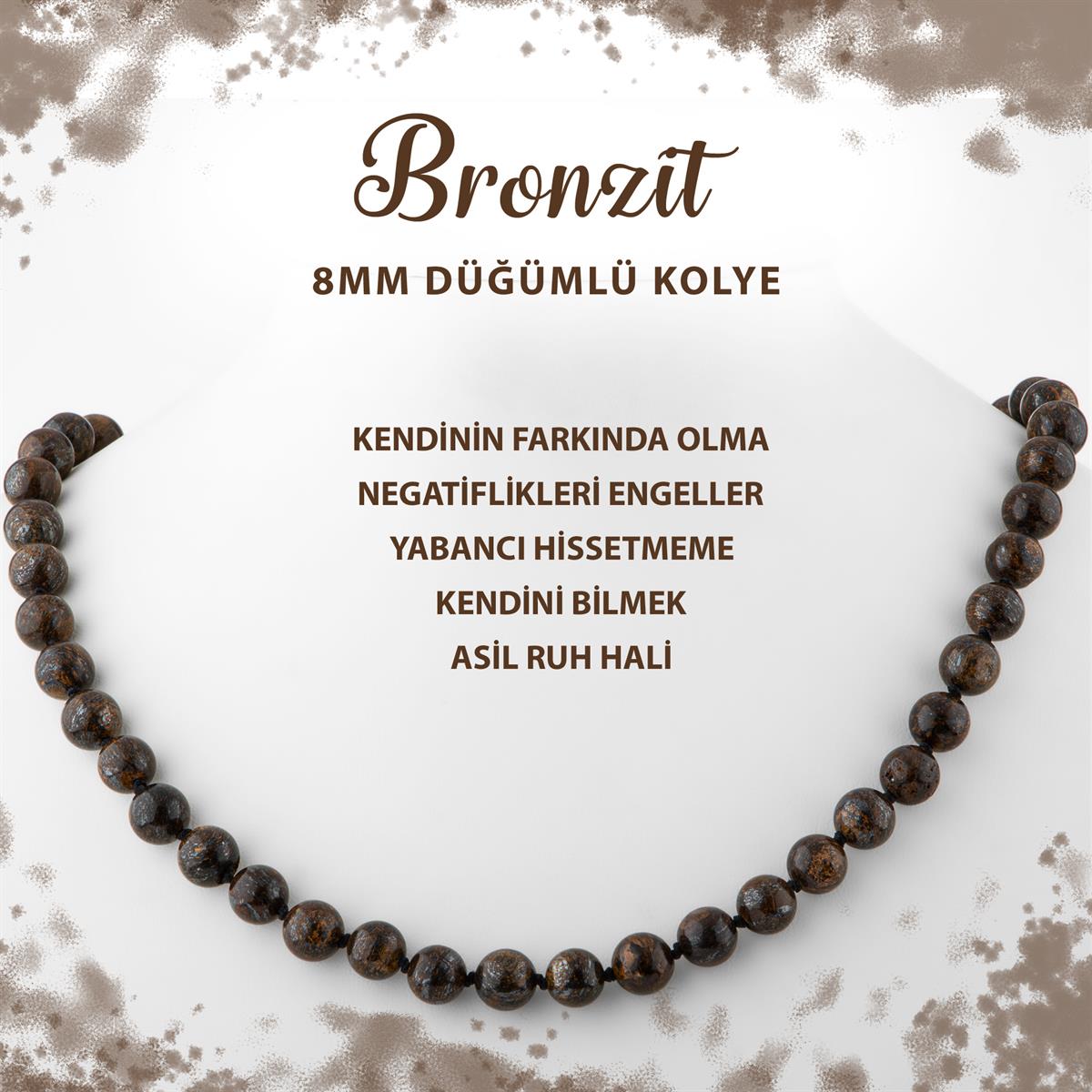 SERTİFİKALI Bronzit 8 mm Düğümlü Doğal Taş Kolye