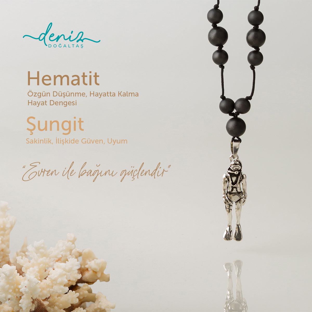 Dalgıç Kolye Hematit - Şungit Gümüş Tasarım Makrome Kolye