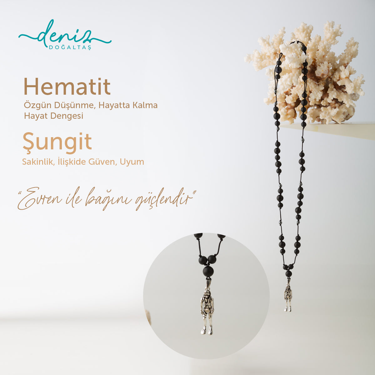 Dalgıç Kolye Hematit - Şungit Gümüş Tasarım Makrome Kolye
