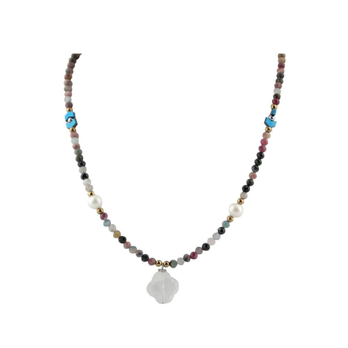SERTİFİKALI Yonca Şekilli Turmalin, Hematit, İnci, Kristal Kuvars  Doğal Taş Kolye 70cm - 6mm