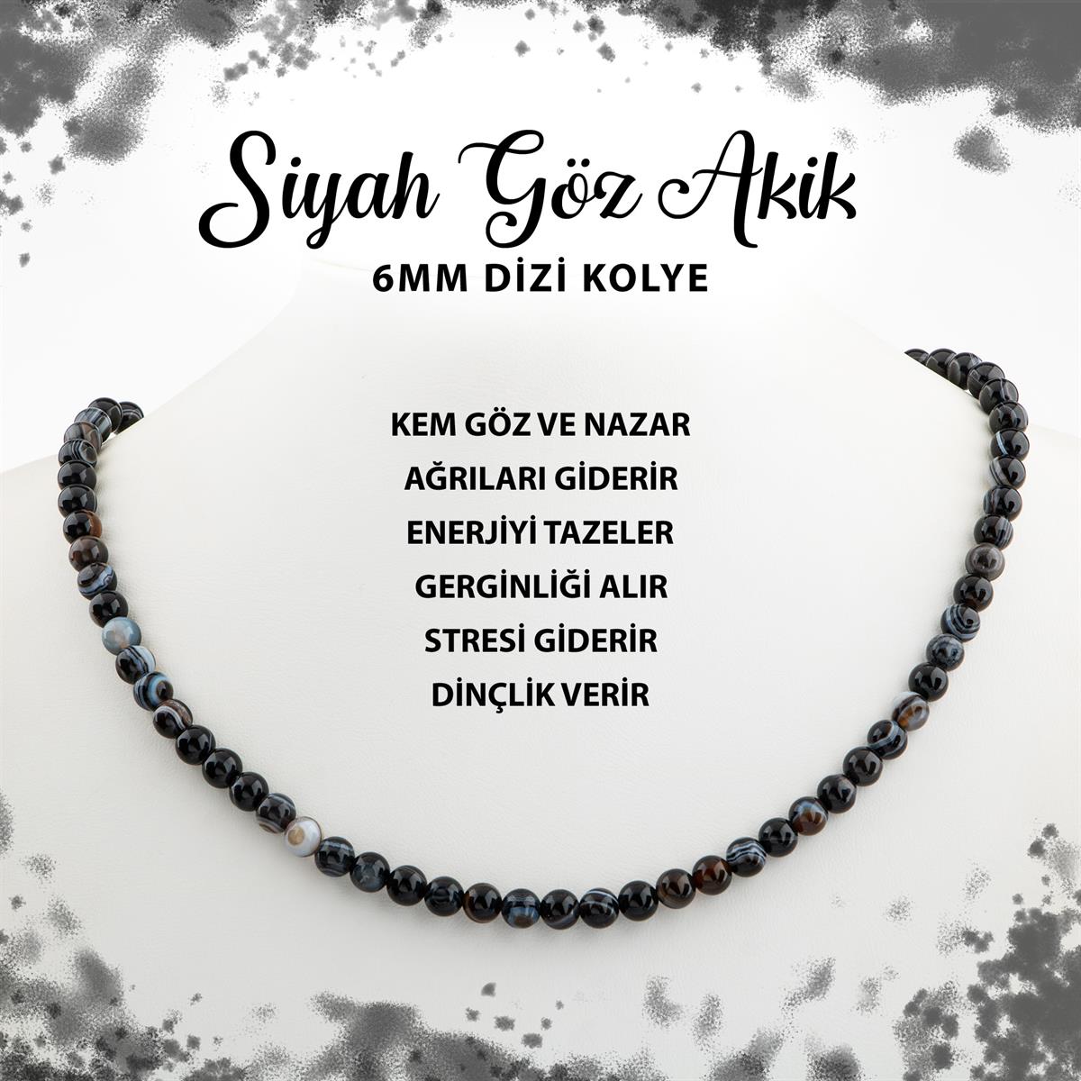 SERTİFİKALI Siyah Göz Akik 6 mm Dizi Doğal Taş Kolye