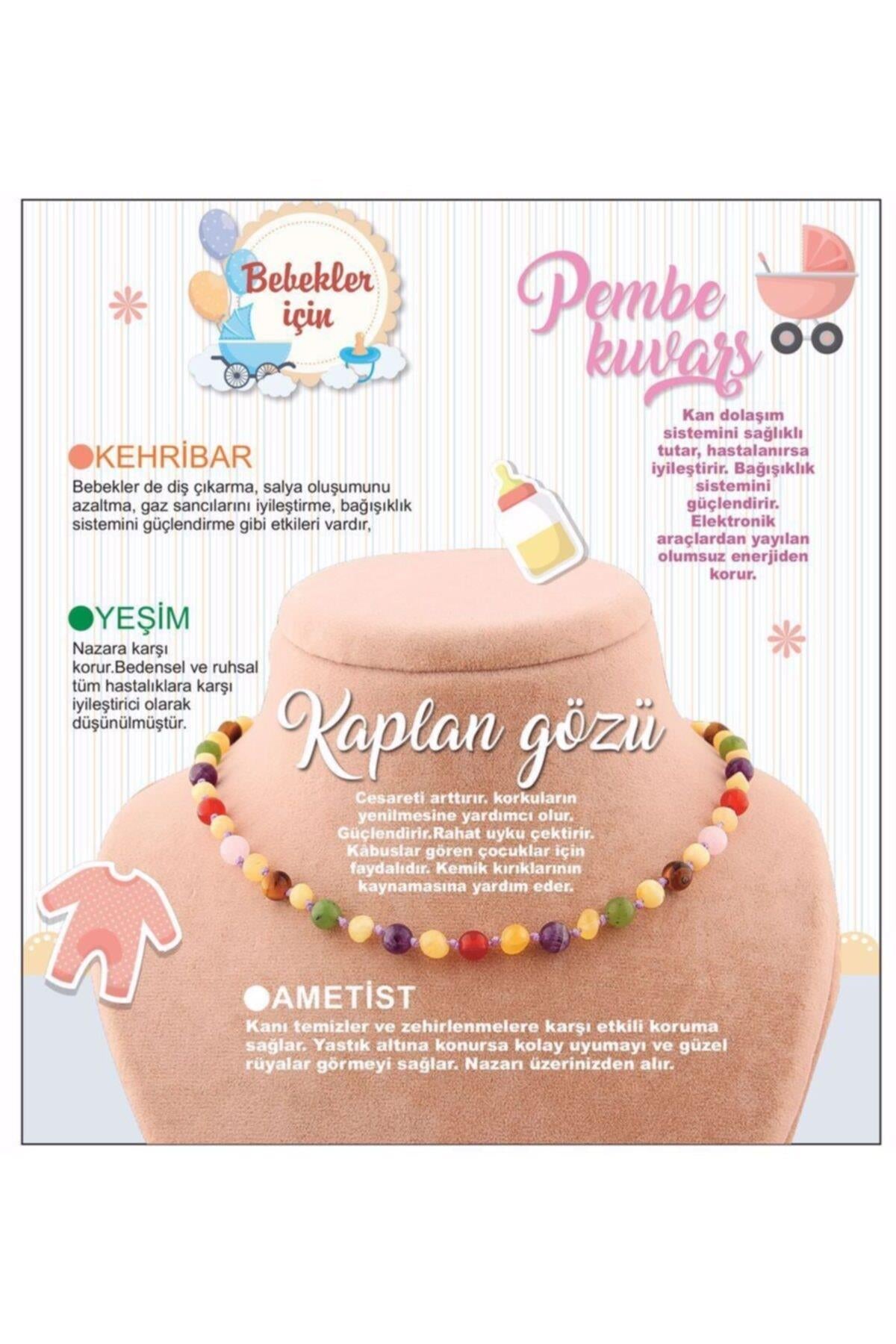 Sertifikalı Doğal Taş Bebek Kolye - Kehribar, Yeşim, Kaplan Gözü, Ametist, Pembe Kuvars