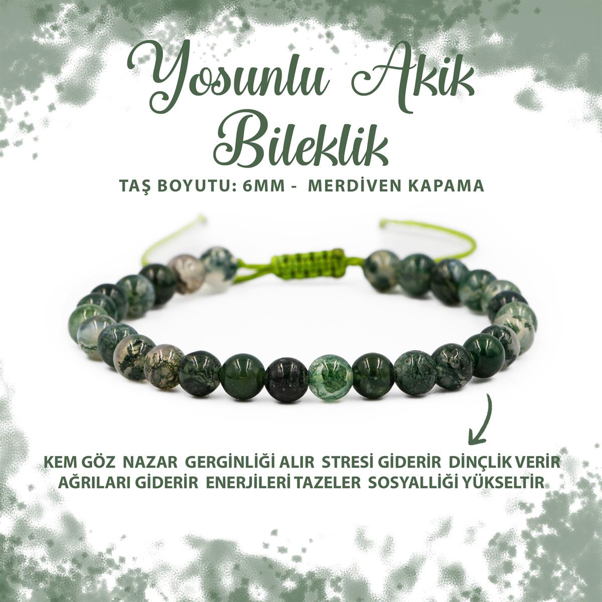 SERTİFİKALI Yosunlu Akik 6mm Merdiven Kapama Doğal Taş Bileklik