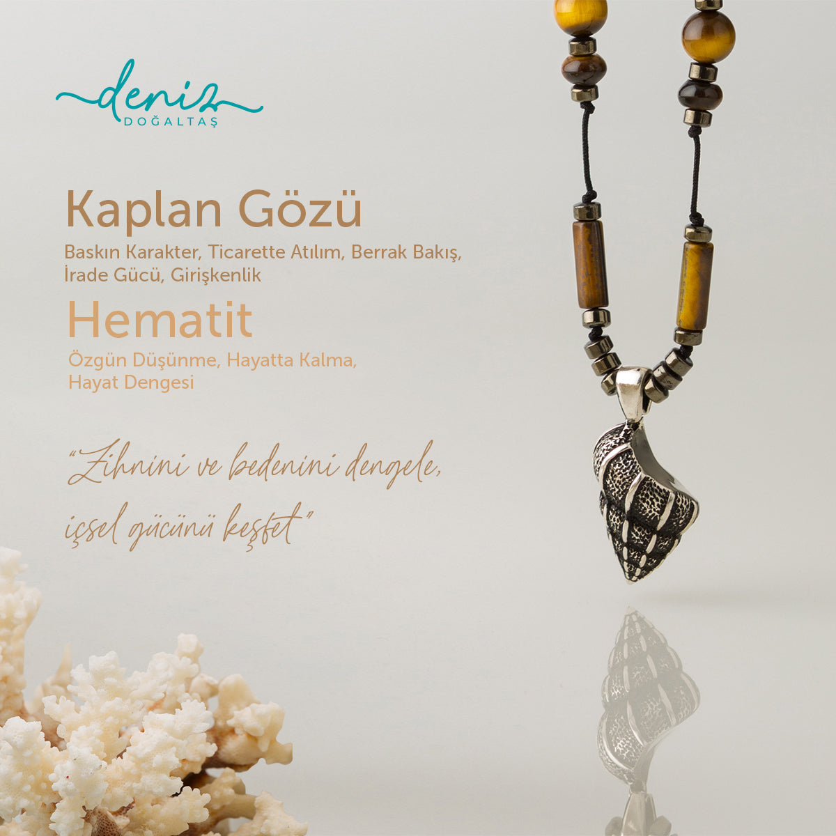 Deniz Kabuğu Kaplan Gözü - Hematit Gümüş Tasarım Makrome Kolye