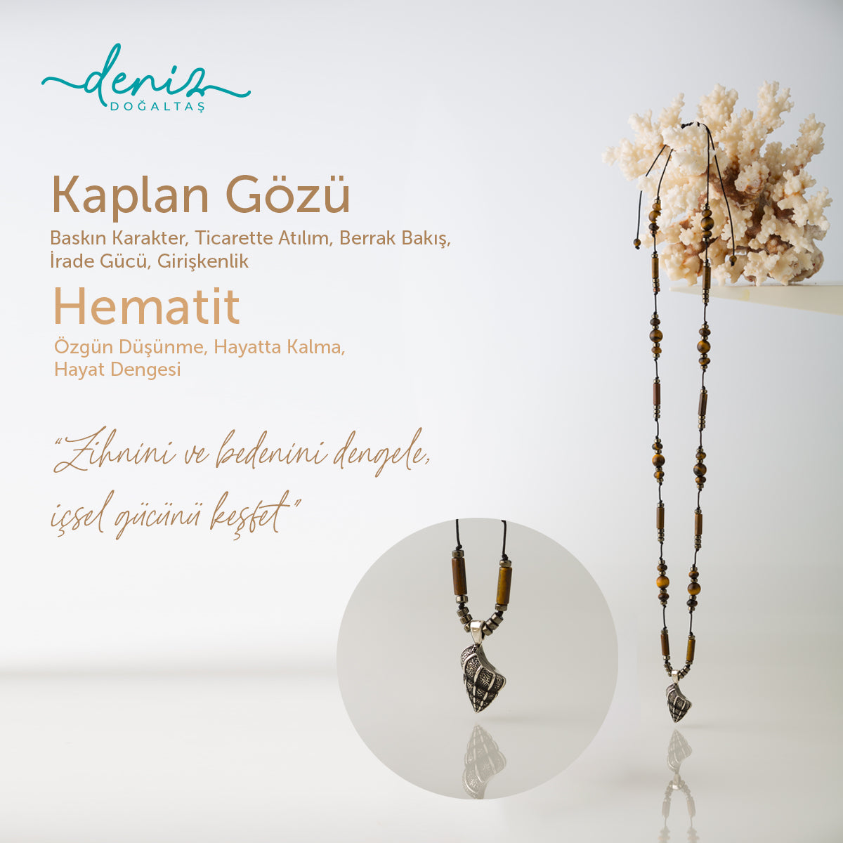 Deniz Kabuğu Kaplan Gözü - Hematit Gümüş Tasarım Makrome Kolye