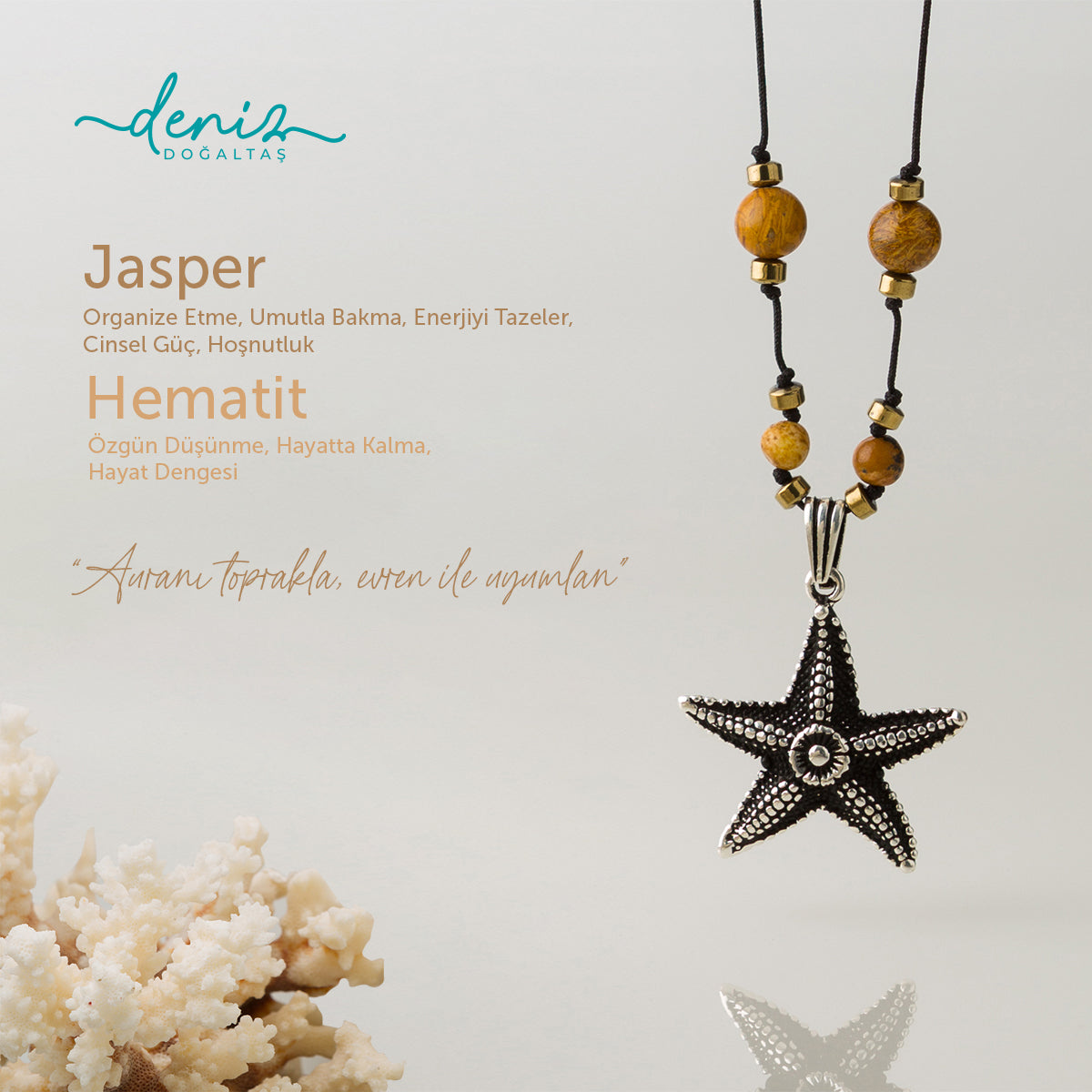 Deniz Yıldızı Jasper - Hematit Gümüş Tasarım Makrome Kolye