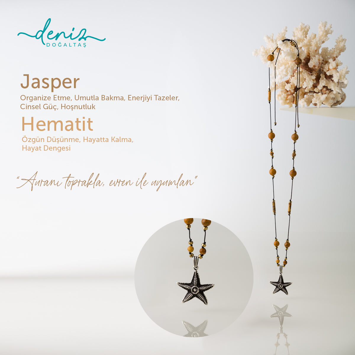 Deniz Yıldızı Jasper - Hematit Gümüş Tasarım Makrome Kolye