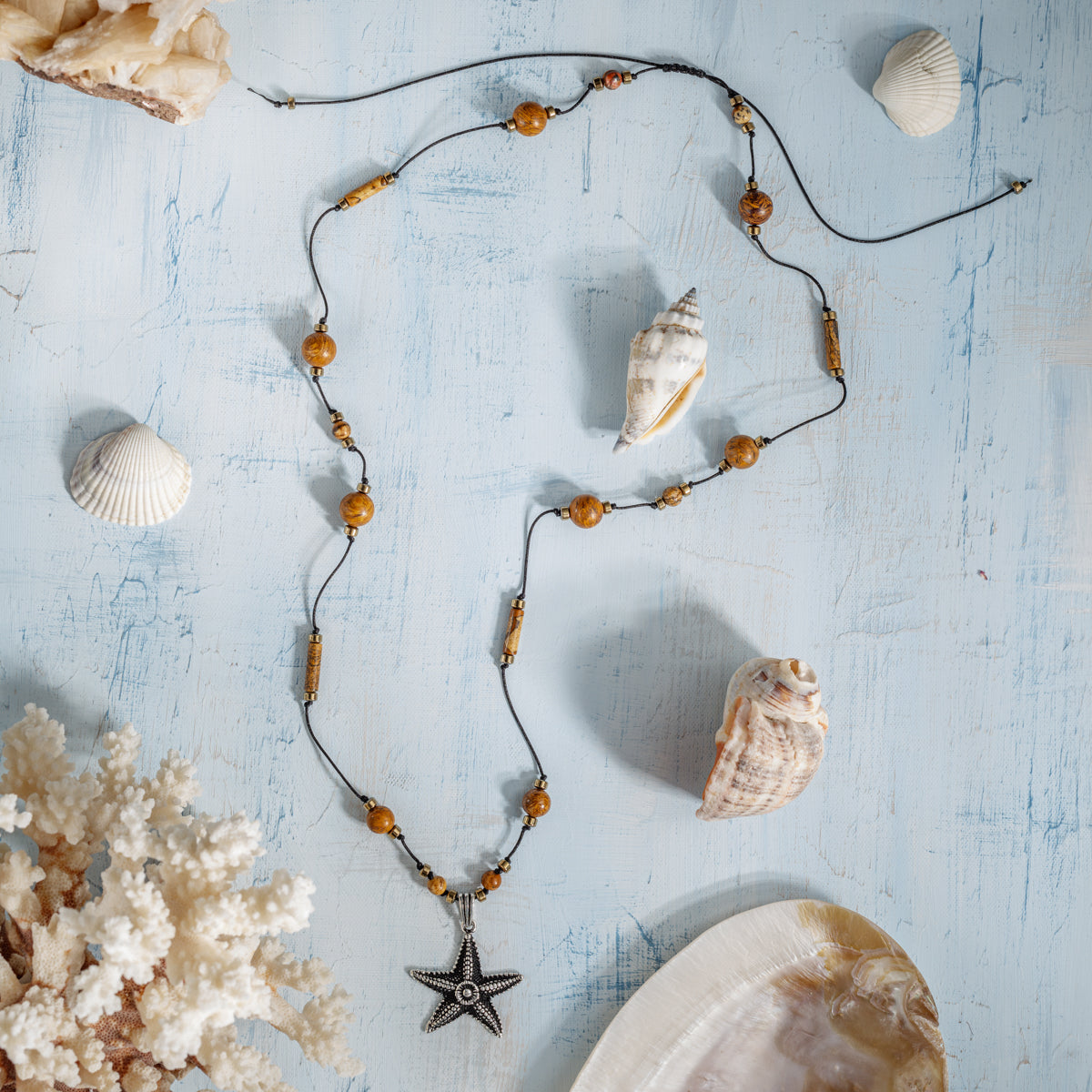 Deniz Yıldızı Jasper - Hematit Gümüş Tasarım Makrome Kolye