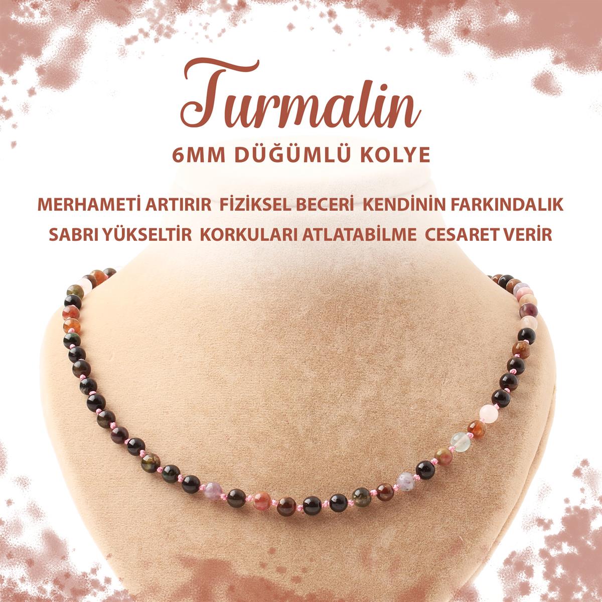 SERTİFİKALI Renkli Turmalin 6 mm Düğümlü Doğal Taş Kolye
