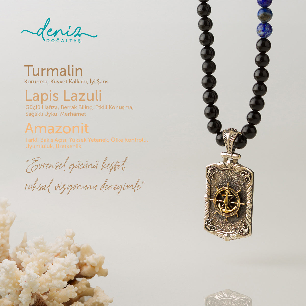 Dümen Kolye Lapis Lazuli - Turmalin - Amazonit Gümüş Tasarım Makrome Kolye