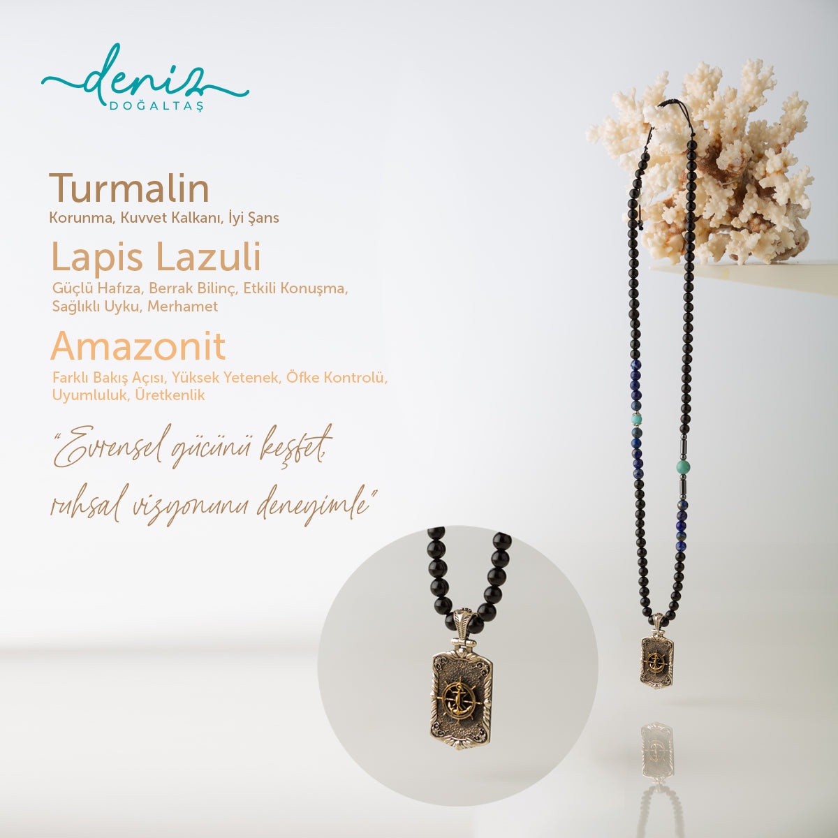 Dümen Kolye Lapis Lazuli - Turmalin - Amazonit Gümüş Tasarım Makrome Kolye