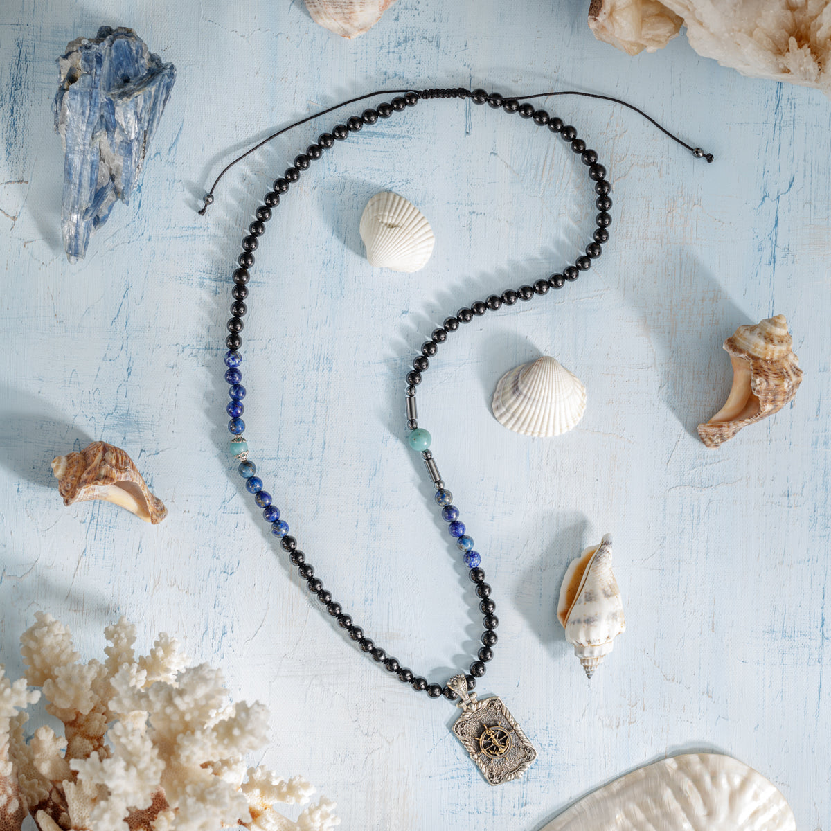 Dümen Kolye Lapis Lazuli - Turmalin - Amazonit Gümüş Tasarım Makrome Kolye