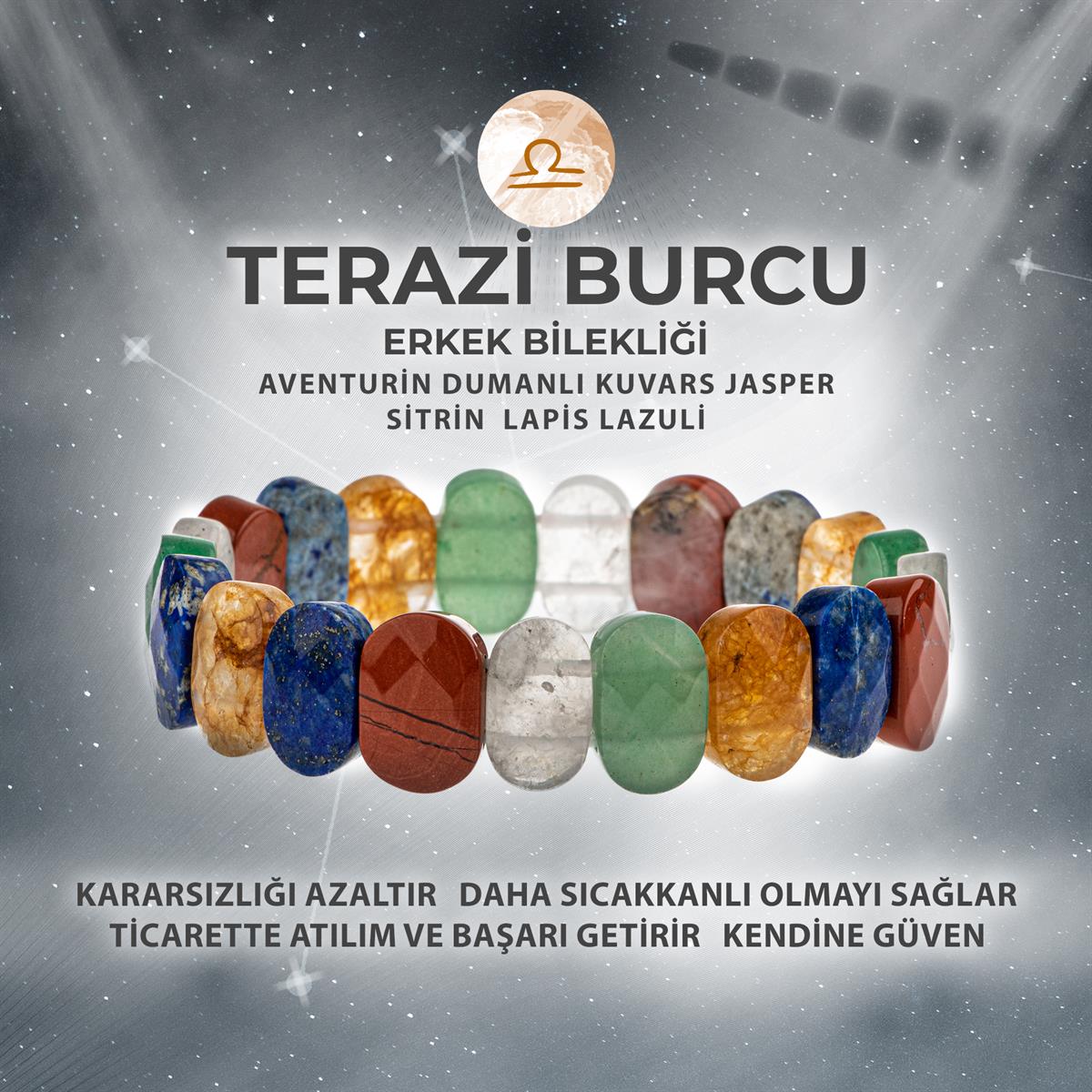 SERTİFİKALI Terazi Burcu Doğal Taş Geniş Kesim Erkek Bileklik