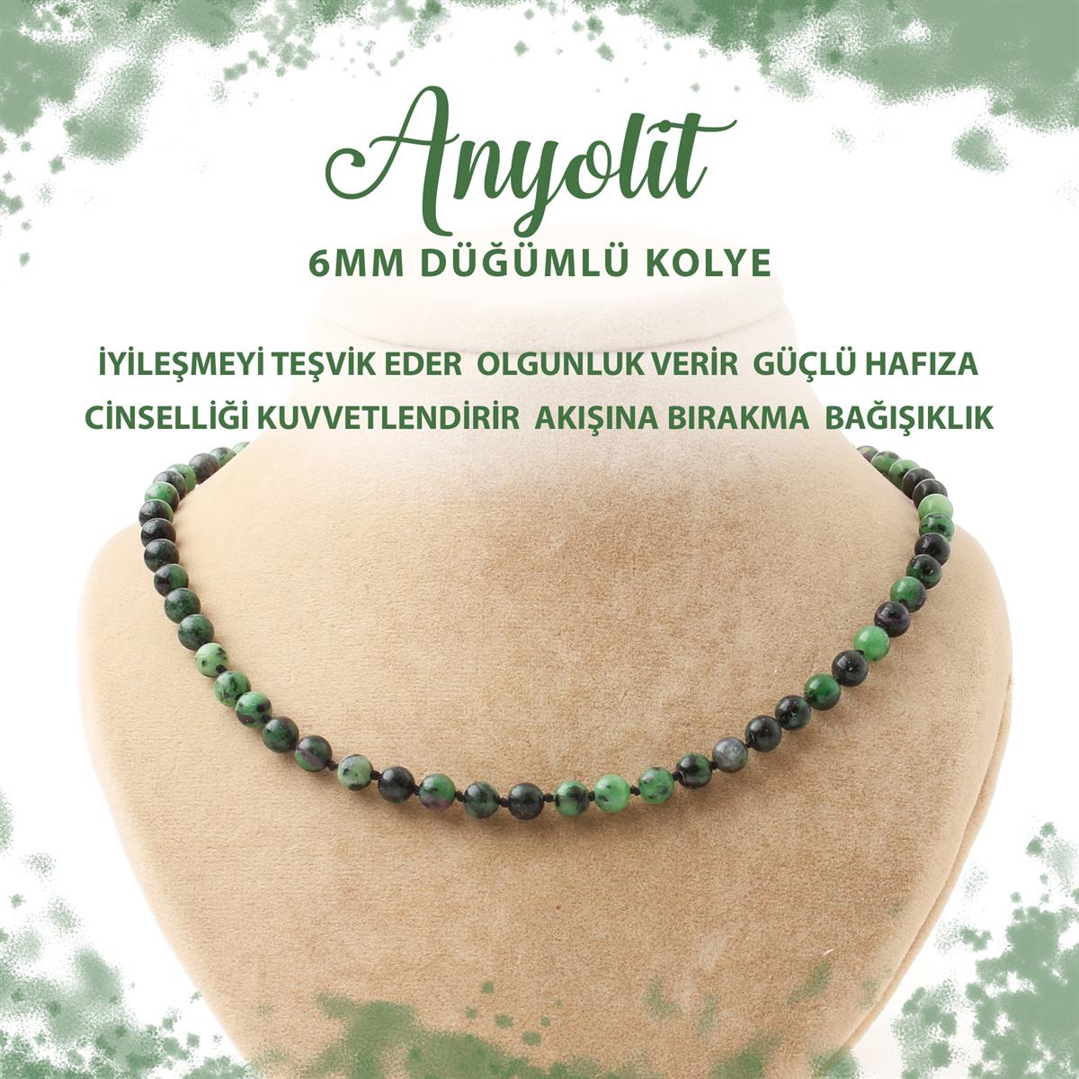 SERTİFİKALI Anyolit 6 mm Düğümlü Doğal Taş Kolye