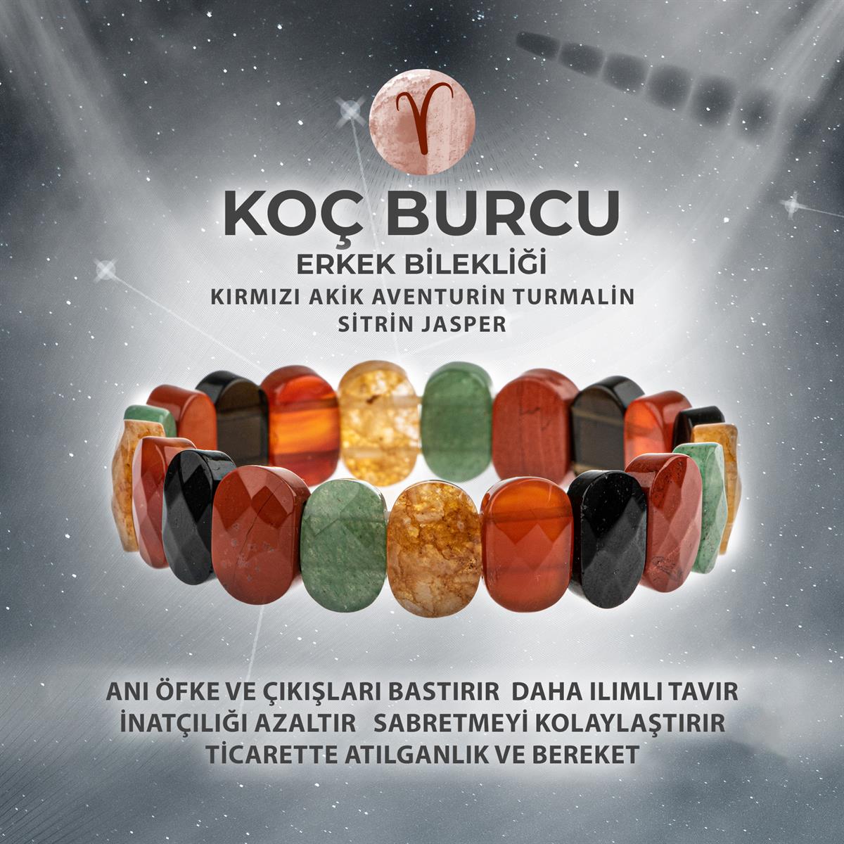 SERTİFİKALI Koç Burcu Doğal Taş Geniş Kesim Erkek Bileklik