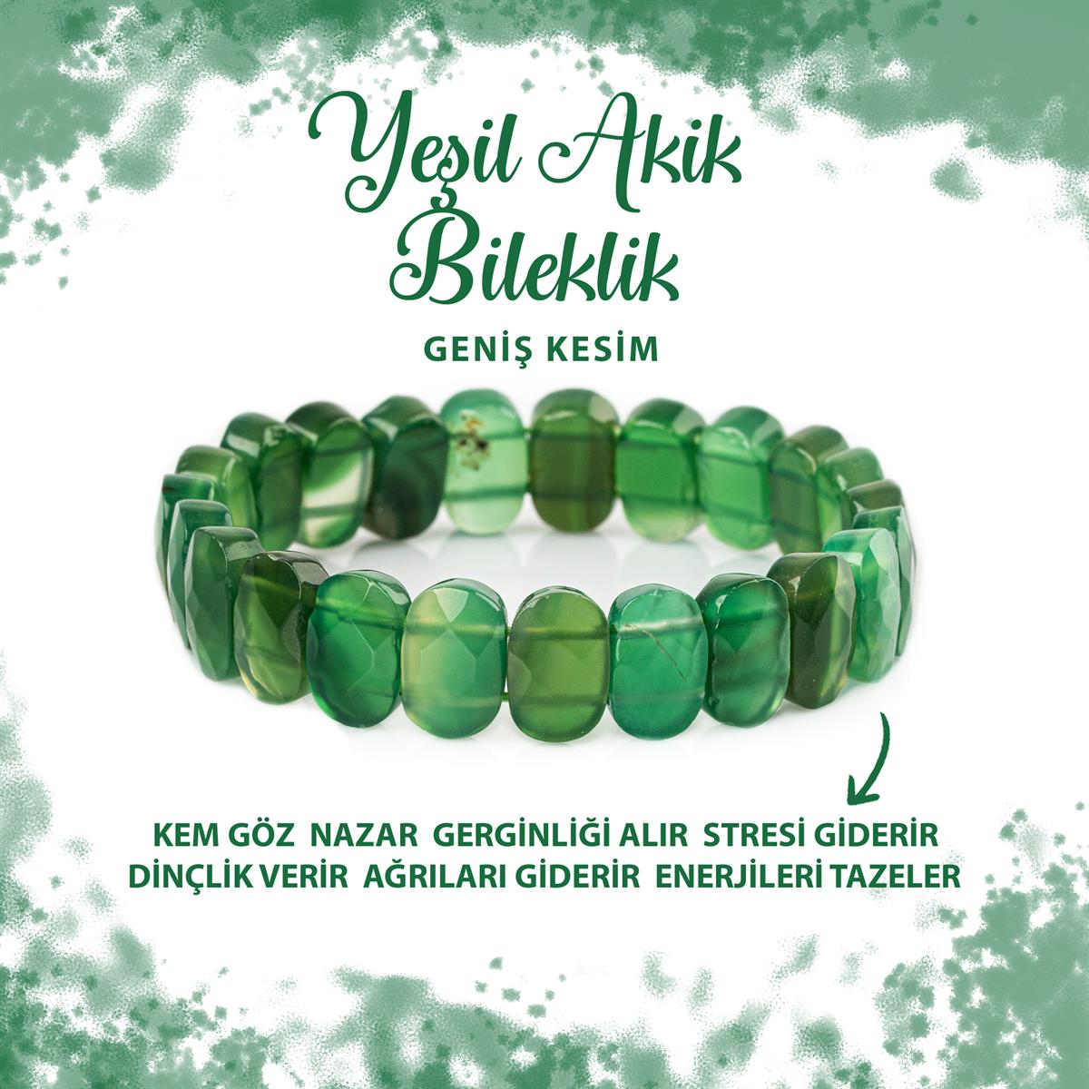 SERTİFİKALI Yeşil Akik Doğal Taş Geniş Kesim Bileklik