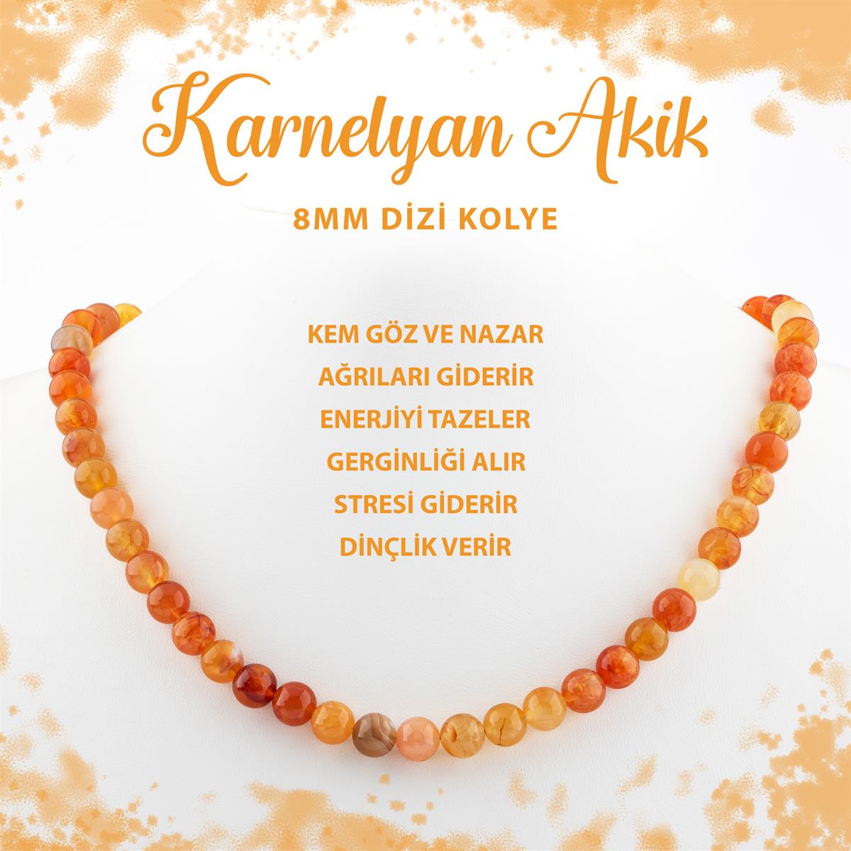 SERTİFİKALI Karnelyan Akik 8 mm Dizi Doğal Taş Kolye