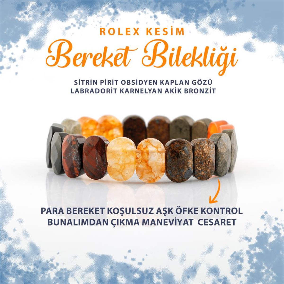 SERTİFİKALI Bereket Doğal Taş Roleks Bileklik Sitrin Pirit Kaplan Gözü Labradorit Akik Bronzit B007