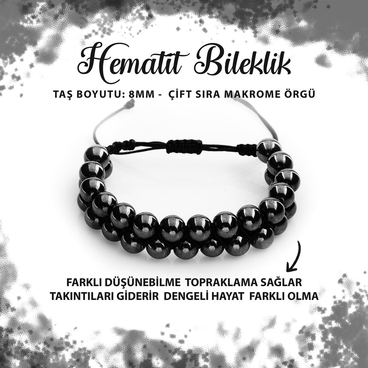 SERTİFİKALI Hematit 8mm Çift Sıra Makrome Doğal Taş Bileklik