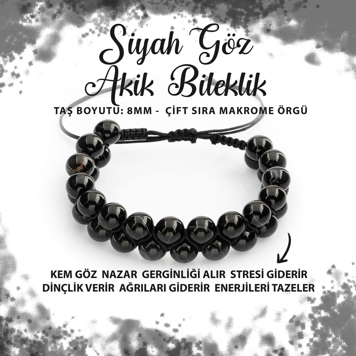 SERTİFİKALI Siyah Göz Akik 8mm Çift Sıra Makrome Doğal Taş Bileklik