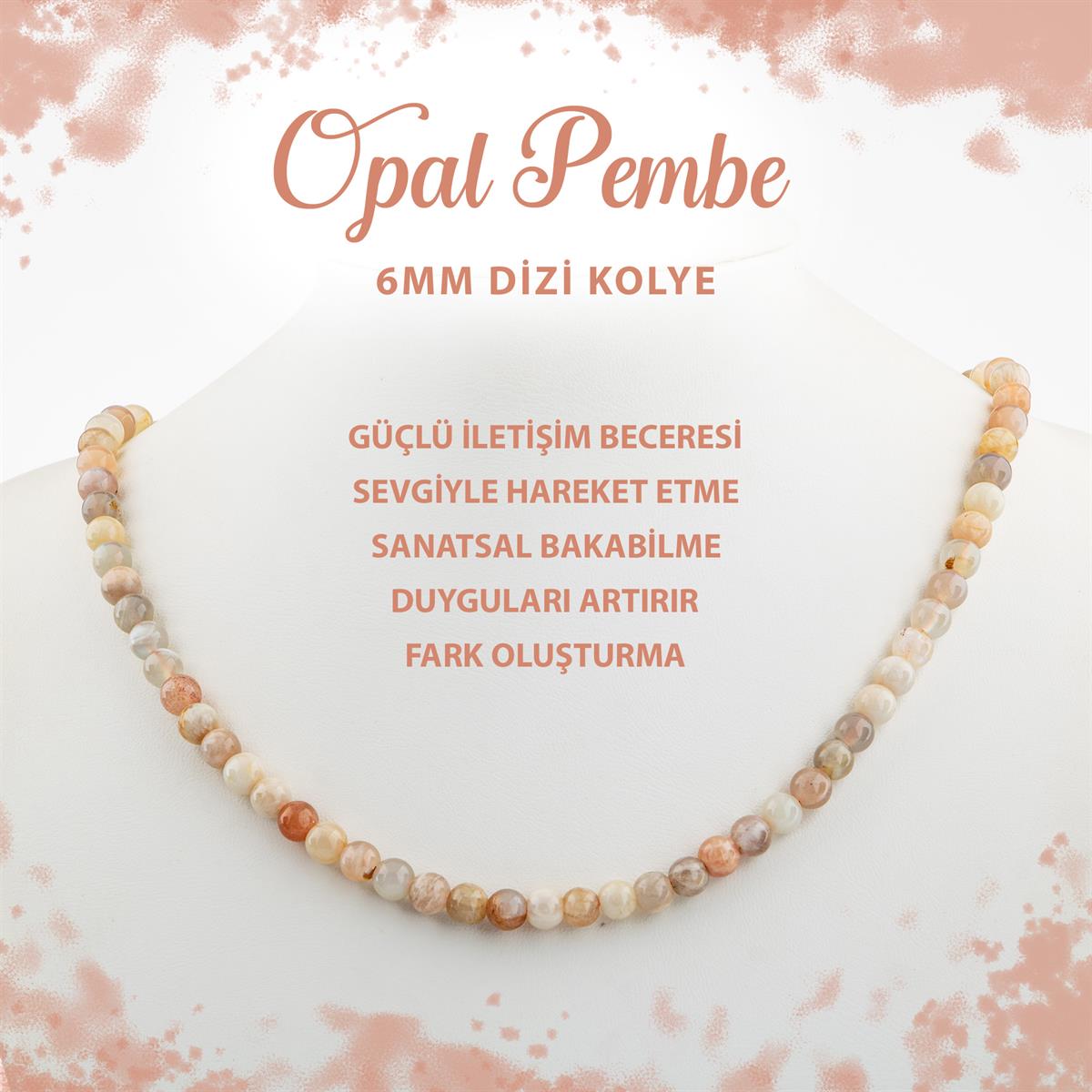 SERTİFİKALI Opal Pembe 6 mm Dizi Doğal Taş Kolye