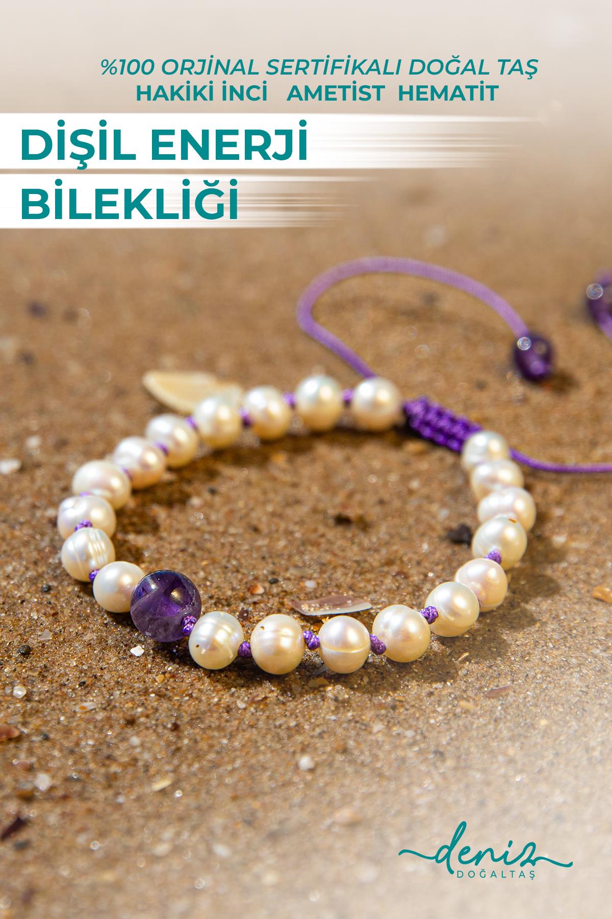 Sertifikalı Doğal Taşlı Dişil Enerji Dolu Pozitif Ruh Bilekliği, İnci, Ametist, Hematit