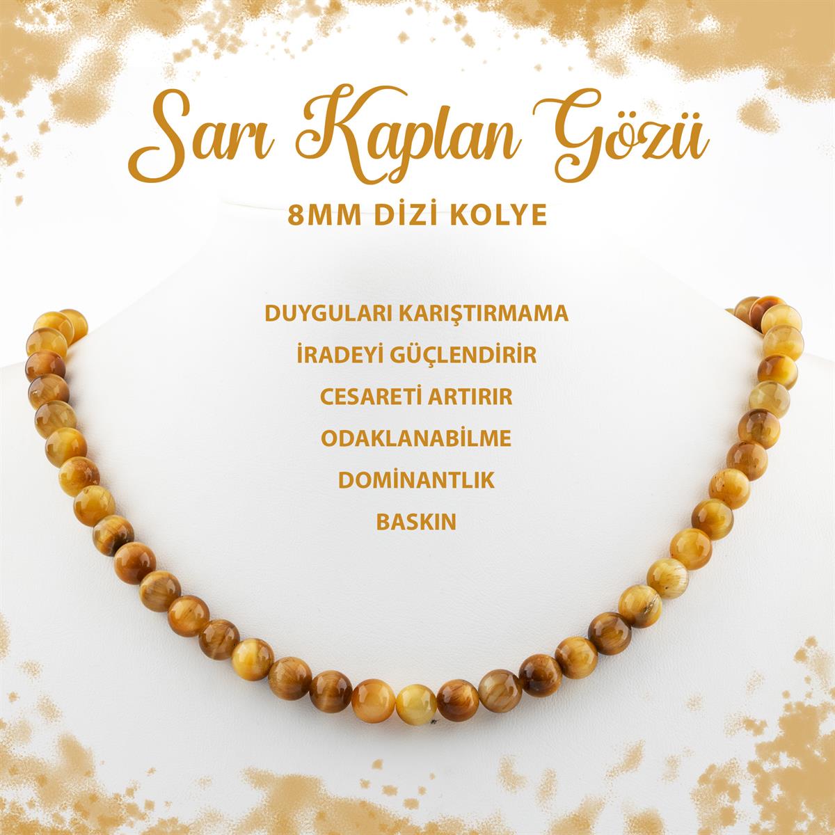 SERTİFİKALI Sarı Kaplan Gözü 8 mm Dizi Doğal Taş Kolye