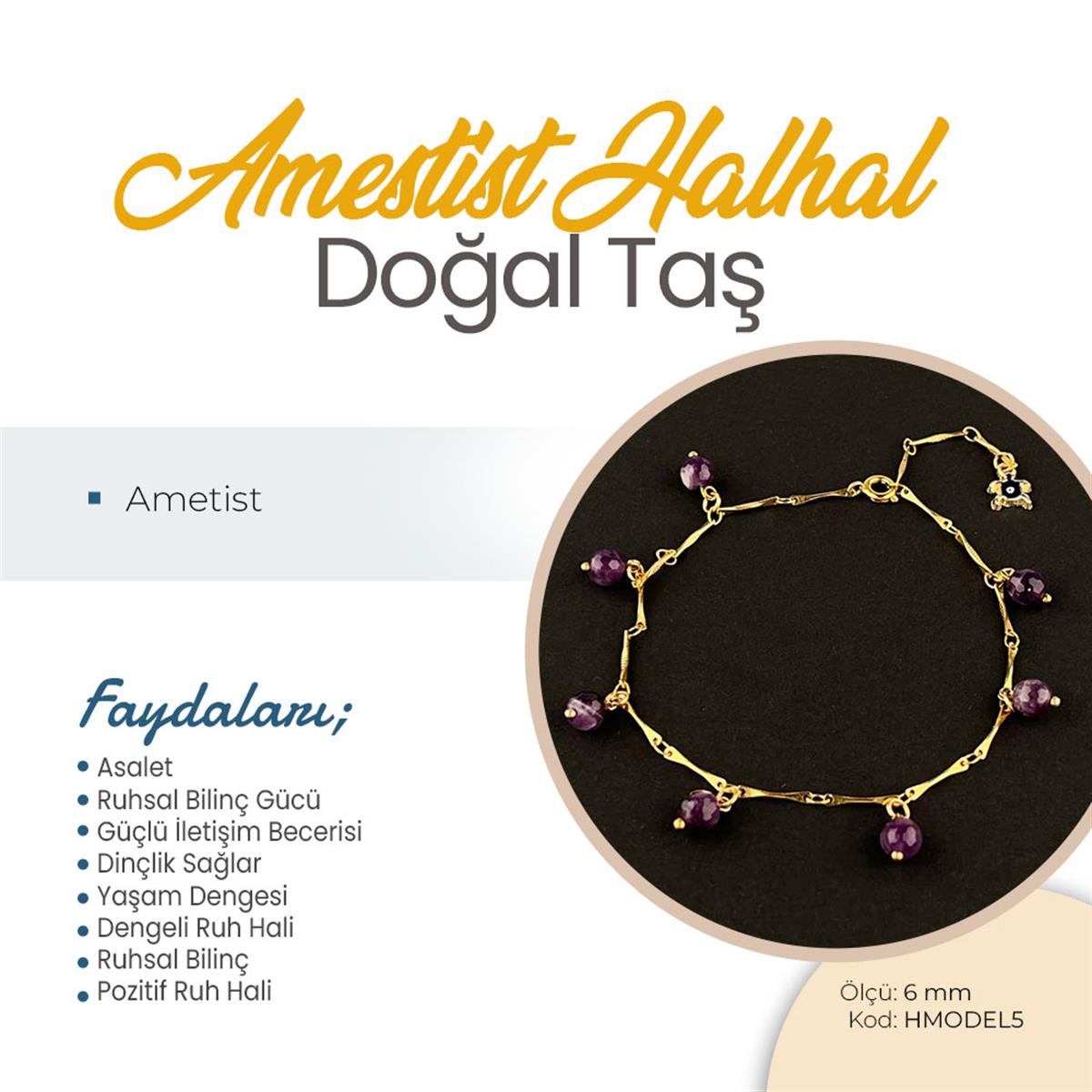 SERTİFİKALI Ametist  Orjinal ( Taşlar) Doğaltaş Halhal 6 mm, B952