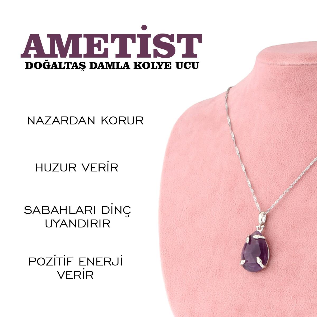 SERTİFİKALI Ametist  Orjinal ( Taşlar) Doğaltaş Damla Kolye Ucu, Gümüş zincirle beraber M437