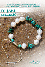 Sertifikalı Doğal Taşlı İyi Şans Bilekliği, Afrika Turkuazı, İnci, Hematit