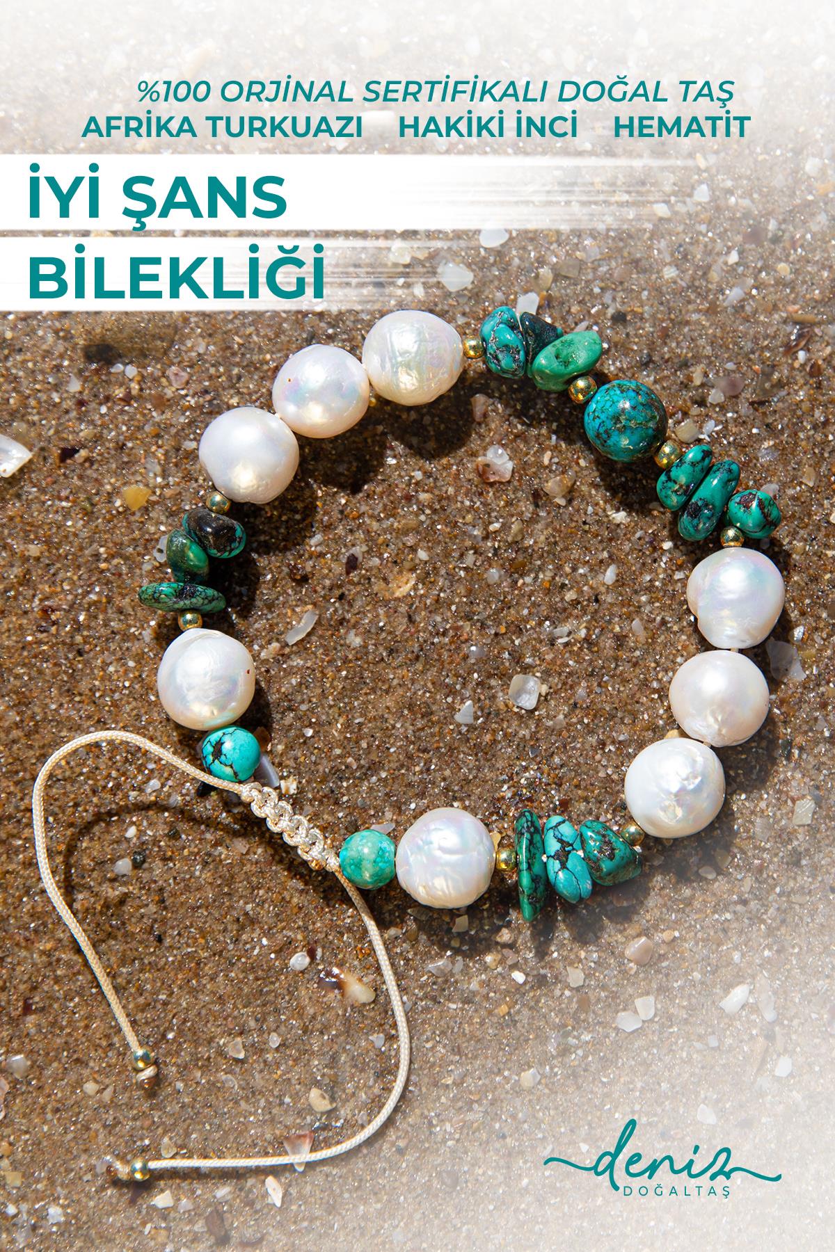 Sertifikalı Doğal Taşlı İyi Şans Bilekliği, Afrika Turkuazı, İnci, Hematit