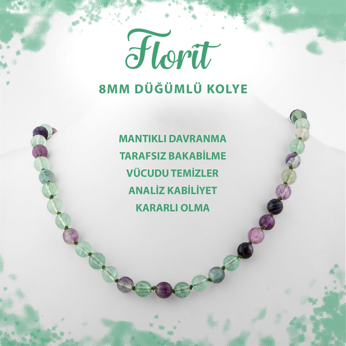 SERTİFİKALI Yeşil Florit 8 mm Düğümlü Doğal Taş Kolye