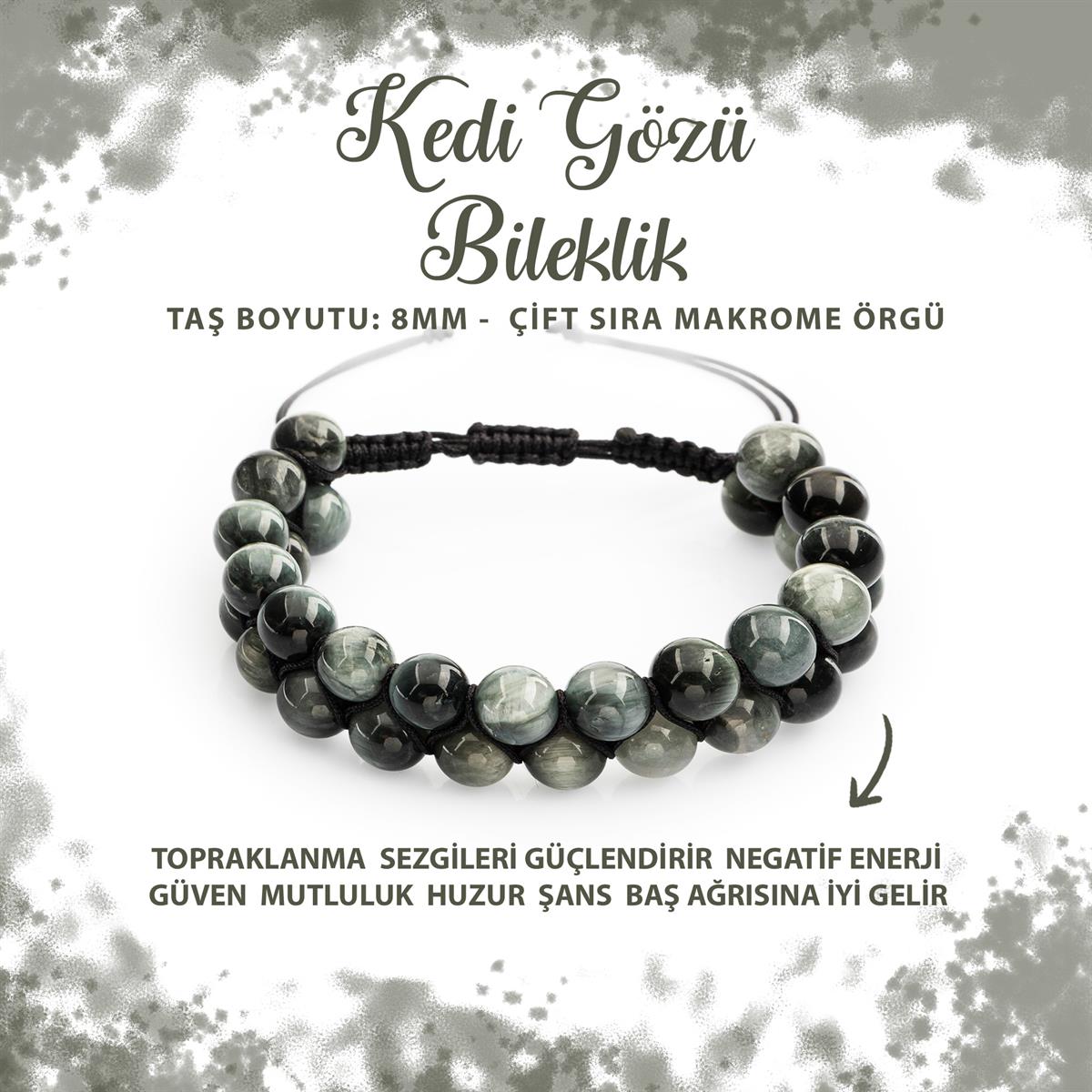 SERTİFİKALI Kedi Gözü 8mm Çift Sıra Makrome Doğal Taş Bileklik