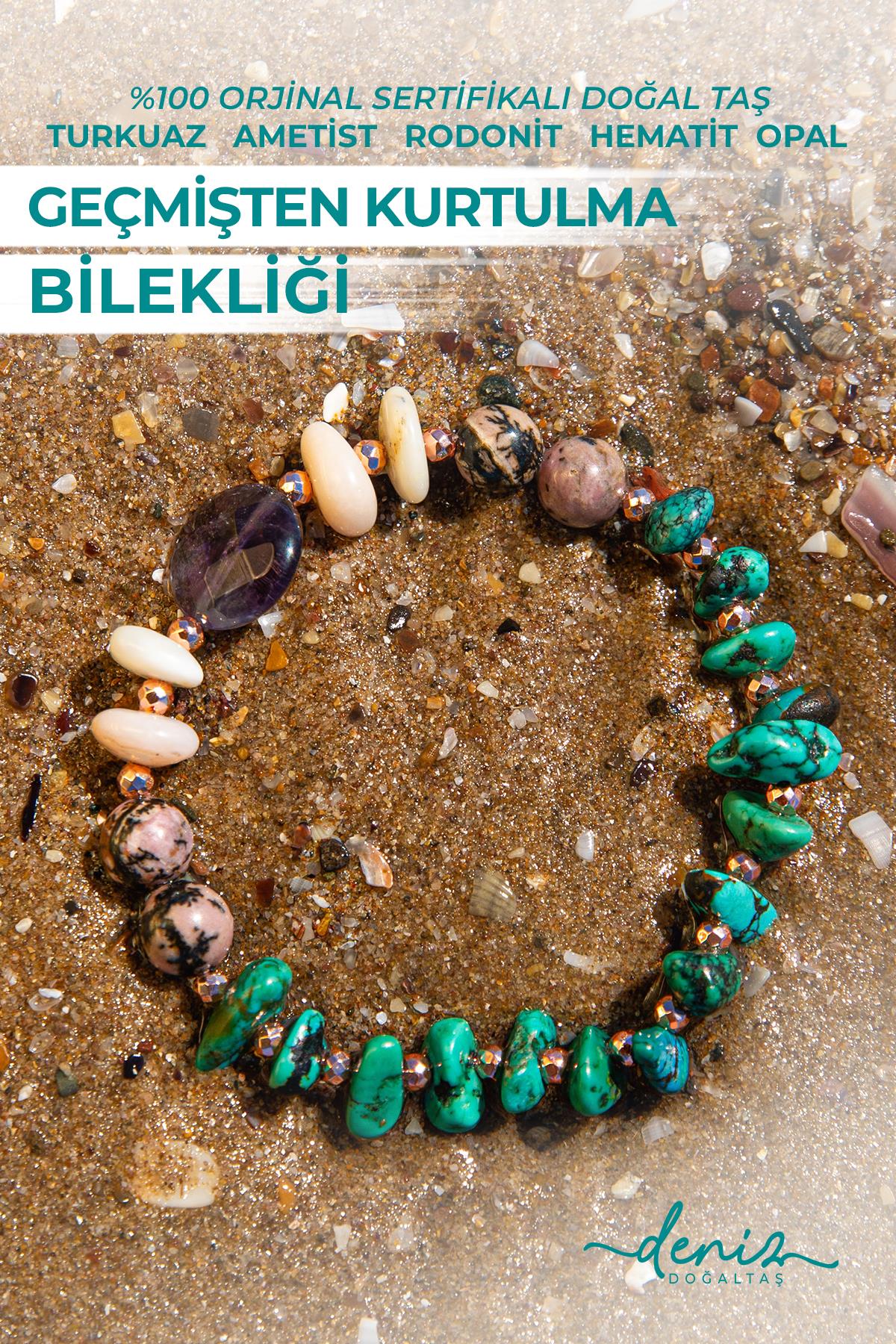 Sertifikalı Doğal Taşlı Geçmişten Kurtulma Bilekliği, Turkuaz, Ametist, Rodonit, Opal, Hematit,