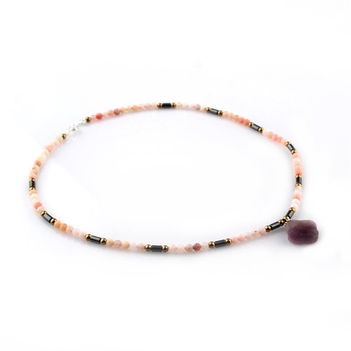SERTİFİKALI Yonca Şekilli Güneş taşı, Pembe Opal, Hematit, Ametist Doğal Taş Kolye 70cm - 6mm