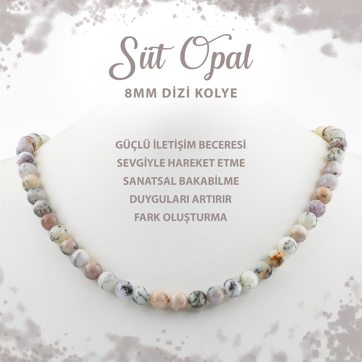 SERTİFİKALI Süt Opal 8 mm Dizi Doğal Taş Kolye