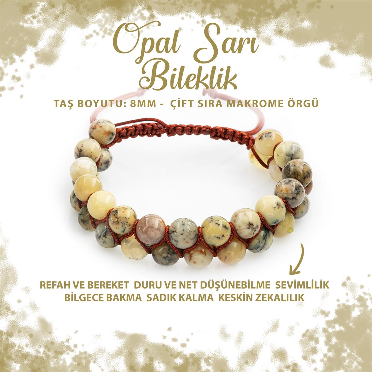 SERTİFİKALI Opal Sarı 8mm Çift Sıra Makrome Doğal Taş Bileklik