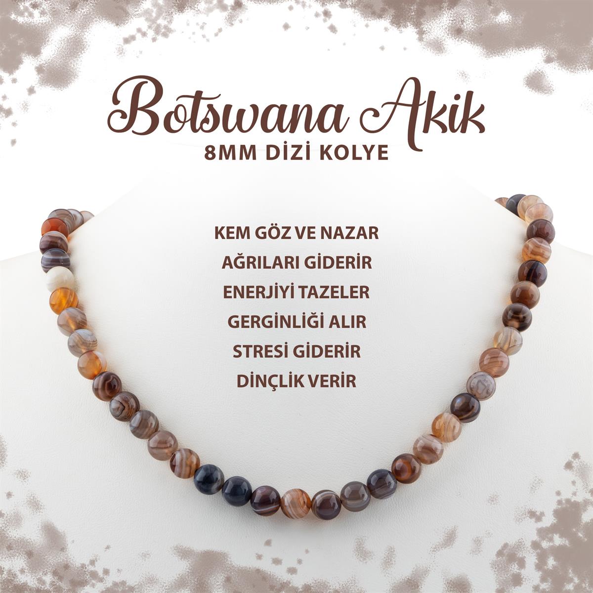 SERTİFİKALI Botswana Akiği 8 mm Dizi Doğal Taş Kolye