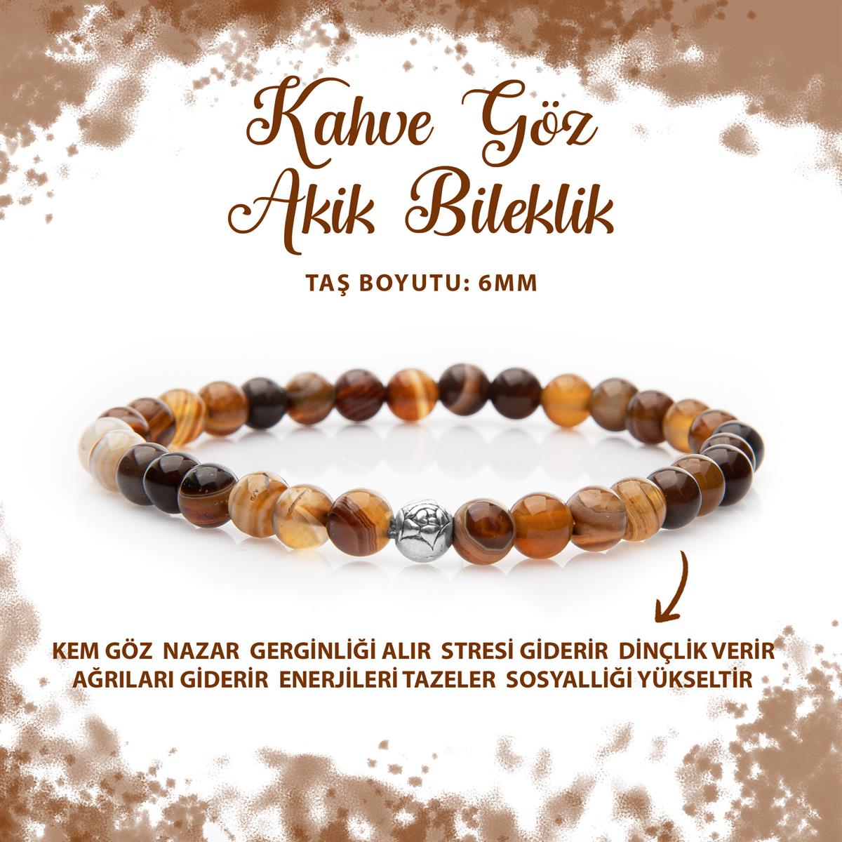 SERTİFİKALI Kahve Göz Akik 6mm Doğal Taş Bileklik