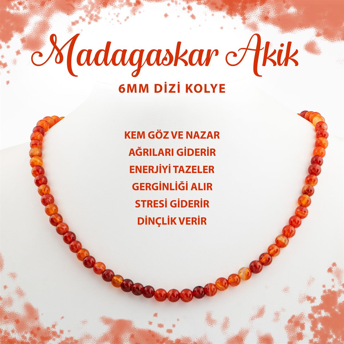 SERTİFİKALI Madagaskar Akiği 6 mm Dizi Doğal Taş Kolye