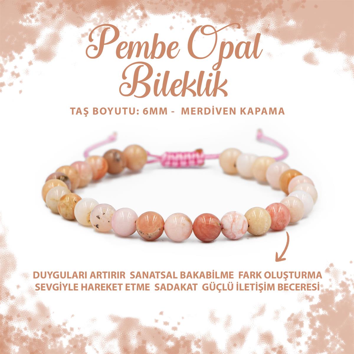 SERTİFİKALI Opal Pembe 6mm Merdiven Kapama Doğal Taş Bileklik