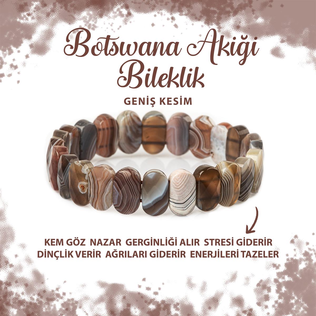 SERTİFİKALI Botswana Akiği Doğal Taş Geniş Kesim Bileklik