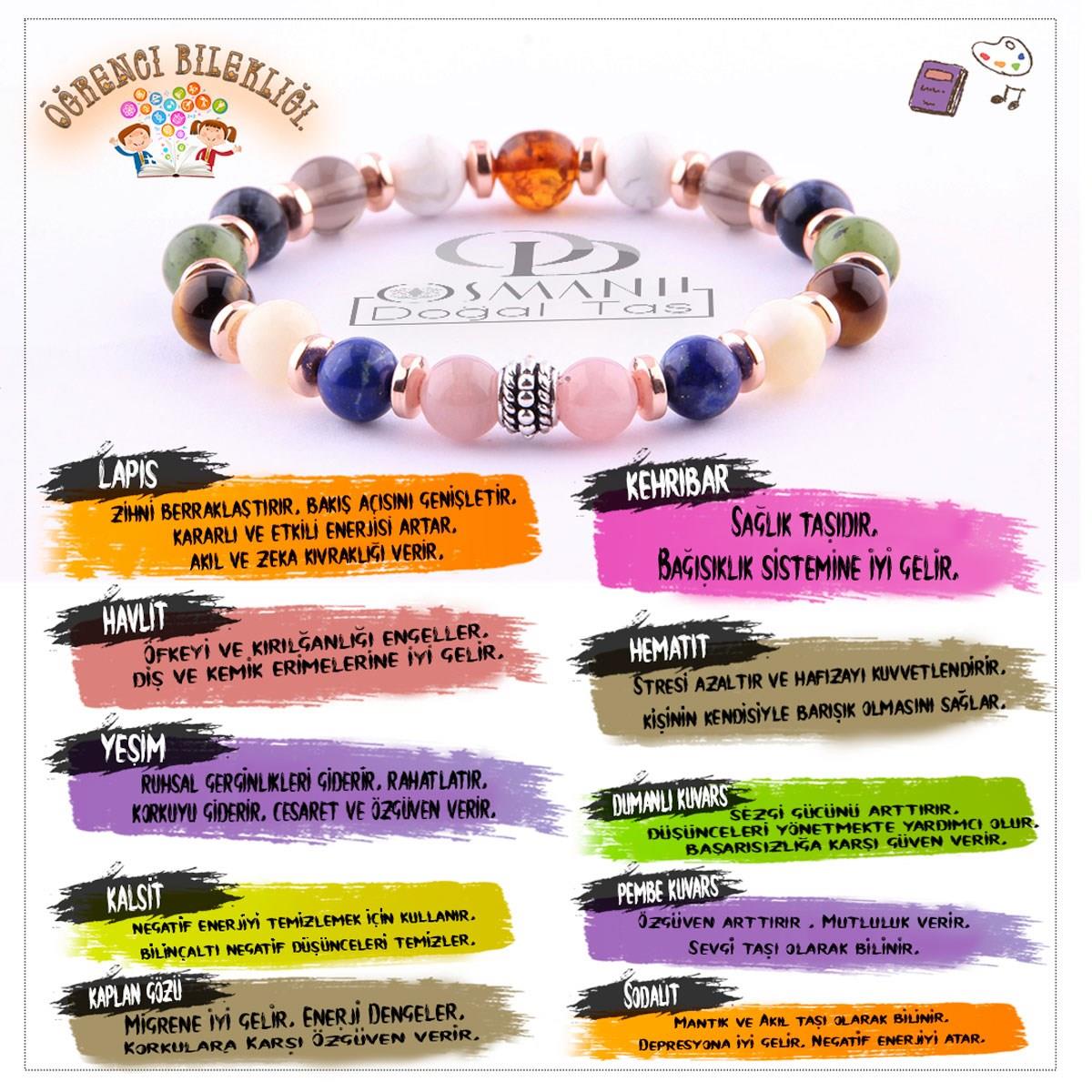 SERTİFİKALI Öğrenci Bilekliği-Kehribar-Yeşim-Lapis-Kalsit-Dumanlı Kuvars-Havlit-Hematit-8 mm B178