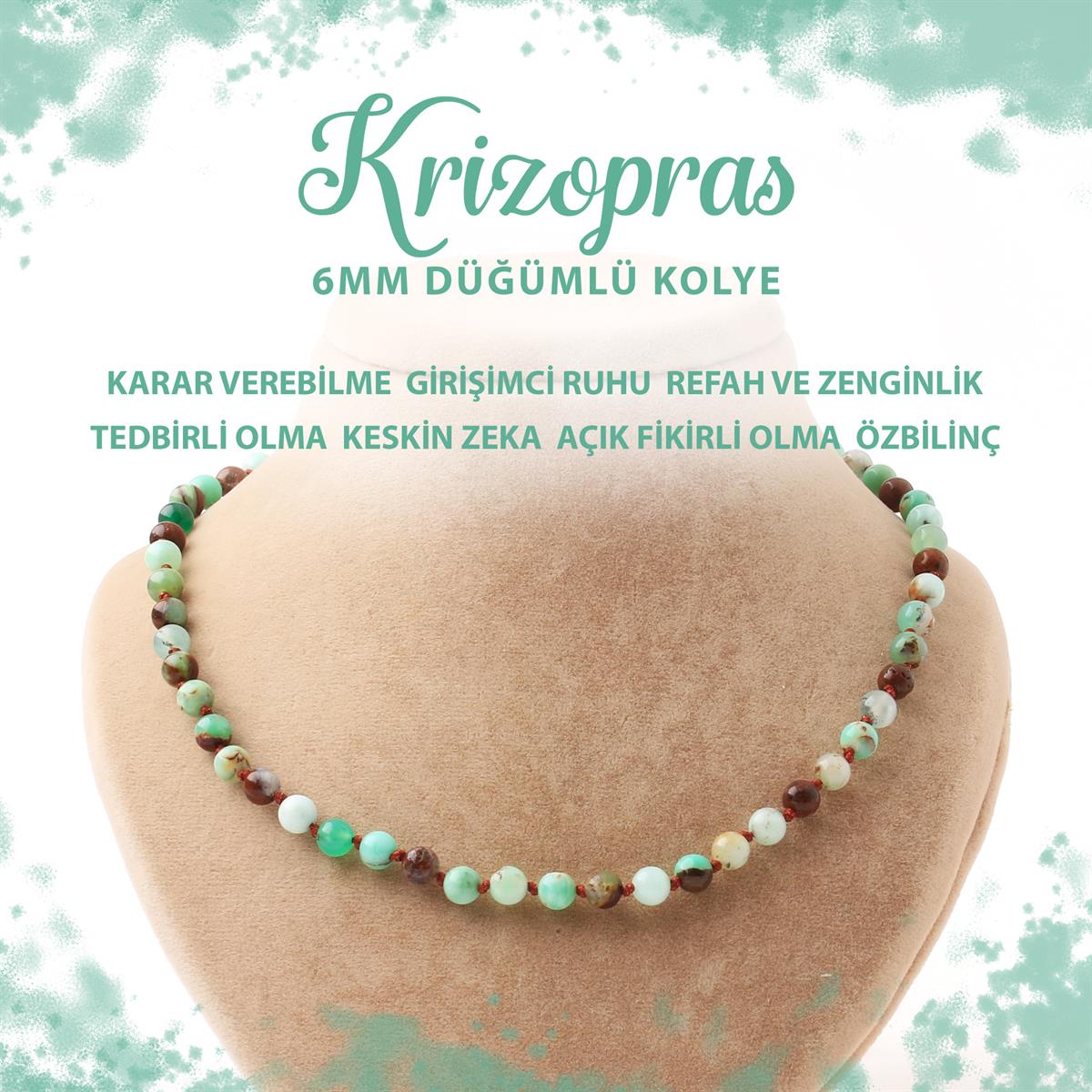 SERTİFİKALI Krizopras 6 mm Düğümlü Doğal Taş Kolye
