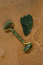 Sertifikalı Yeşim Tırtıklı Roller &amp; Gua Sha %100 Orjinal Doğal Taş